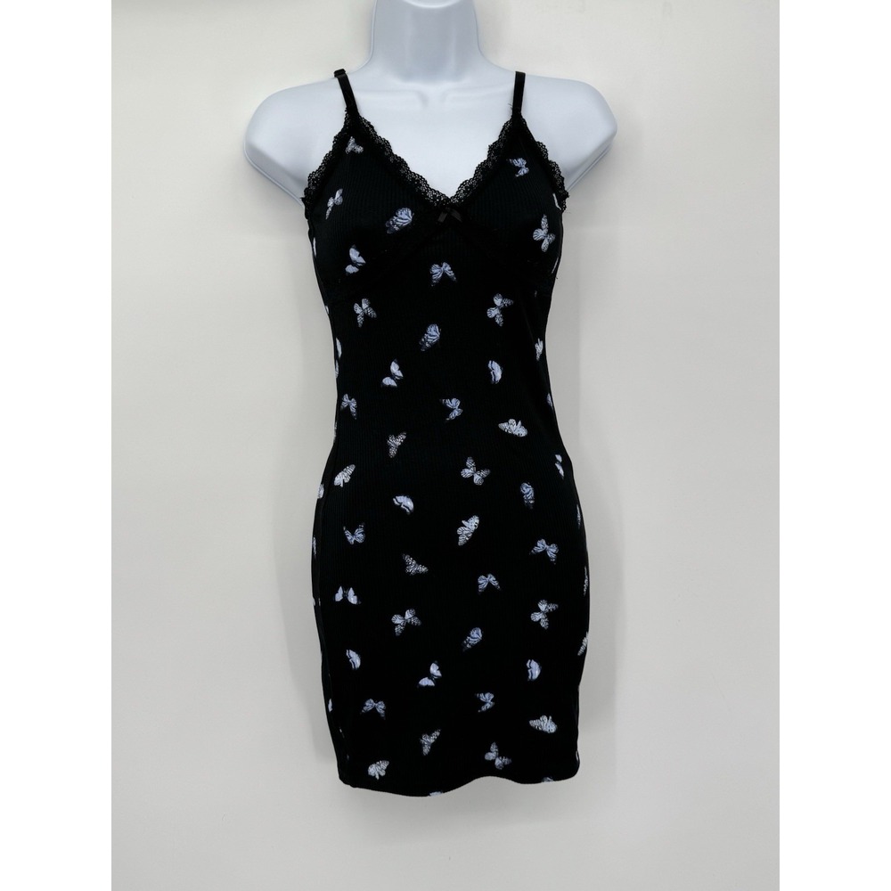 Divided HM Dress XS Black Blue Butterfly Print y2k‎ babydoll bodycon stretch